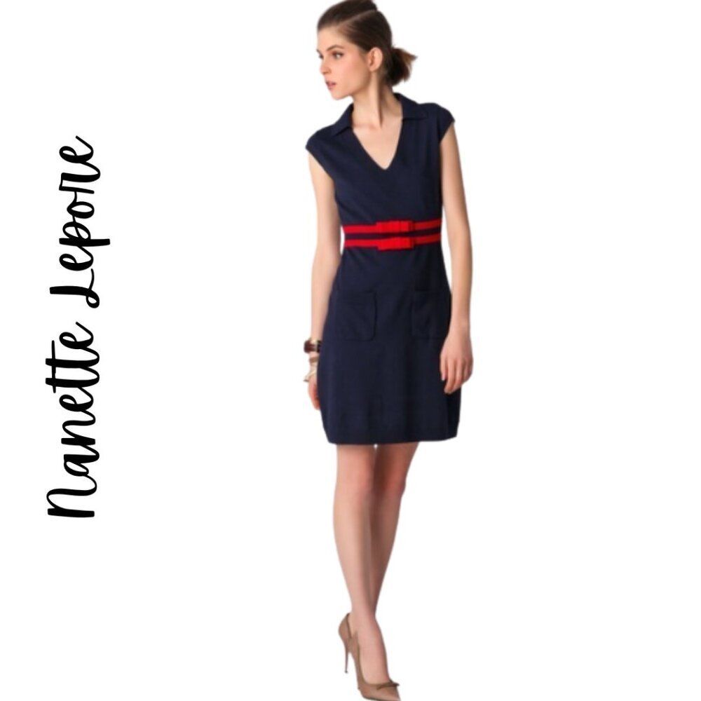 Large Nanette Lepore Navy Red Bow Sleeveless Knit Nautical Sailor Sheath Dress